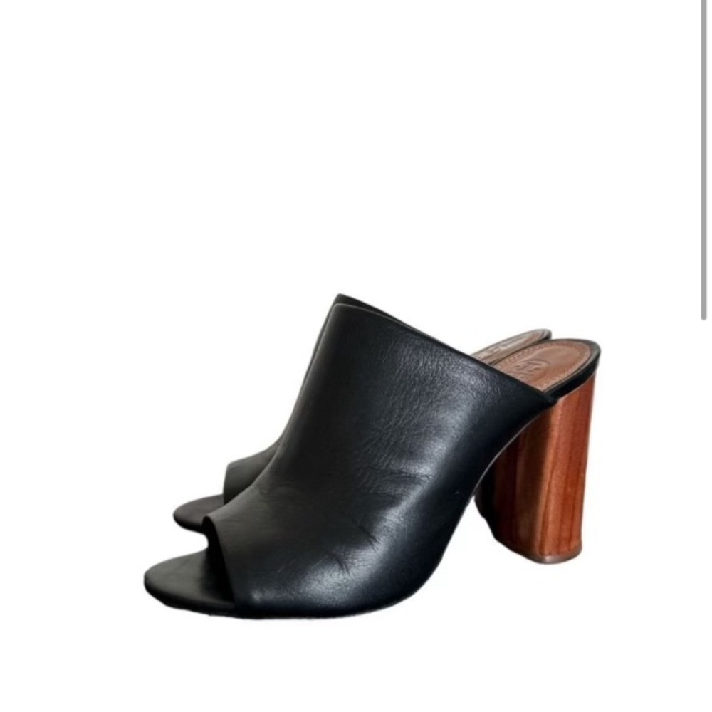 Tory Burch rays peep toe slip on block heel black leather mules 6.5